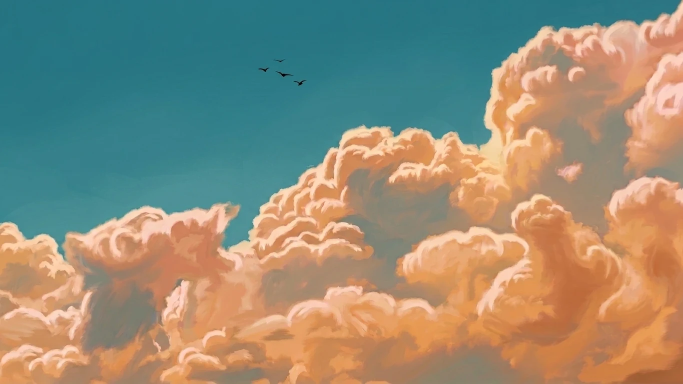 Ein gemalter Himmel aus sonnenbeschienenen Wolken